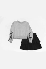 Kız Çocuk Kol Kurdela Detaylı Sweatshirt ve Siyah Fırfırlı Etek Takımı 2 Li Takım Şık Kombin GRİ - 4-5 Yaş