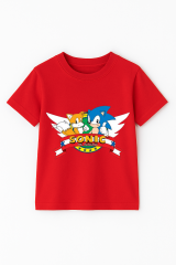 Sonic Baskılı Erkek Çocuk Tişörtü - Renkli Pamuklu Kısa Kollu Yazlık T-Shirt Basic Günlük Kırmızı 5-6 Yaş