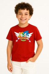 Sonic Baskılı Erkek Çocuk Tişörtü - Renkli Pamuklu Kısa Kollu Yazlık T-Shirt Basic Günlük Kırmızı 5-6 Yaş