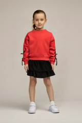 Kız Çocuk Kol Kurdela Detaylı Sweatshirt ve Siyah Fırfırlı Etek Takımı 2 Li Takım Şık Kombin KIRMIZI - 4-5 Yaş