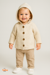 Kapüşonlu Örgü Hırka Düğmeli Ponponlu Bebek Ceket Kışlık Kalın Triko Hırka Unisex 9-18 Ay Triko Mont