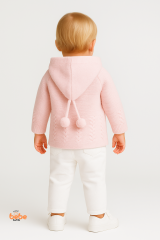 Kapüşonlu Örgü Hırka Düğmeli Ponponlu Bebek Ceket Kışlık Kalın Triko Hırka Unisex 9-18 Ay Triko Mont 12-18 Ay