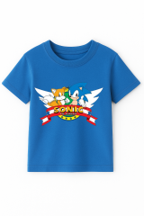 Sonic Baskılı Erkek Çocuk Tişörtü - Renkli Pamuklu Kısa Kollu Yazlık T-Shirt Basic Günlük Koyu Mavi 11-12 Yaş