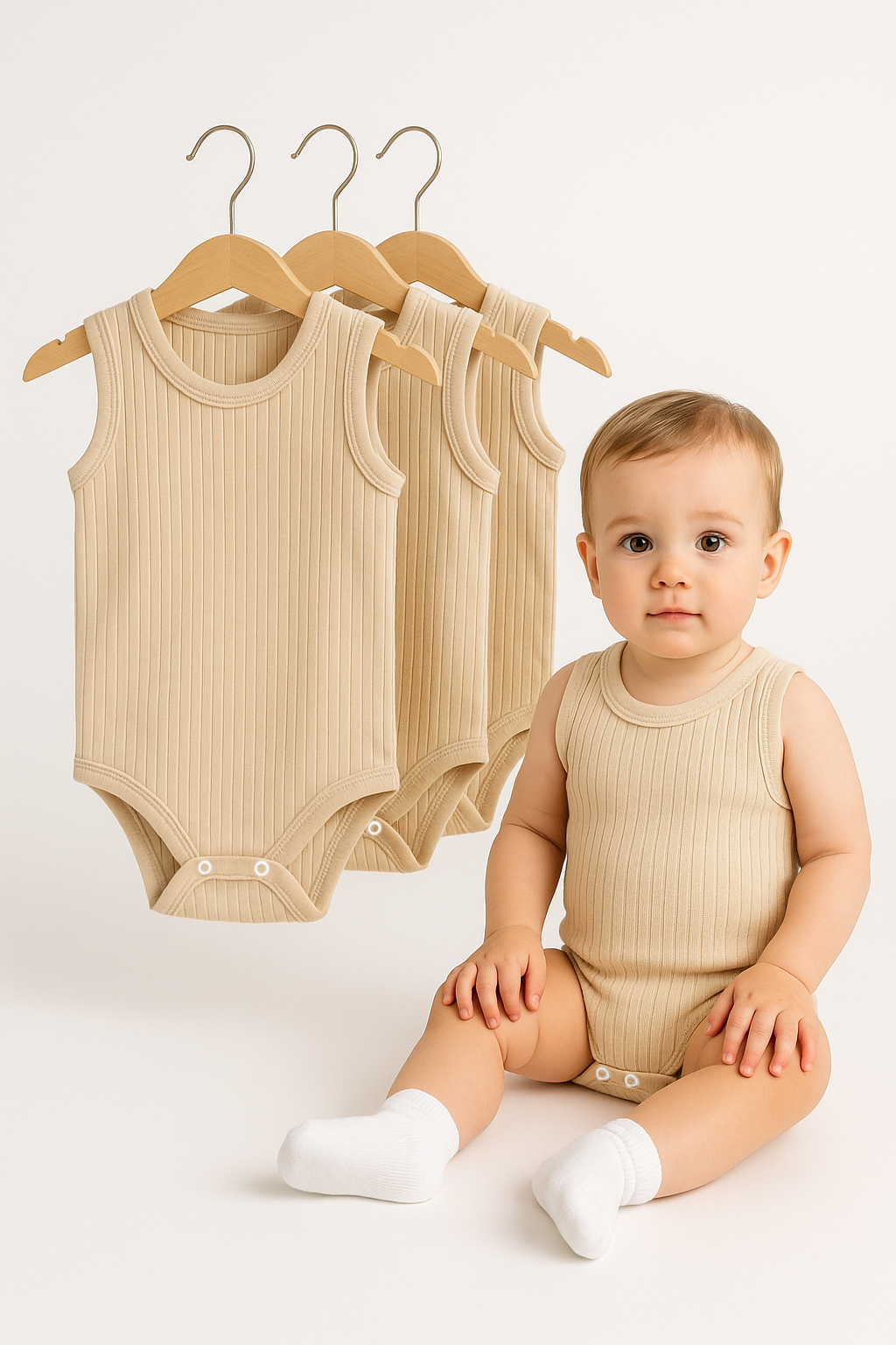 3’lü Fitilli Ribana Çıtçıtlı Bebek Zıbın | Kolsuz Yazlık Pamuklu Body Seti | Unisex Bebek Badi Tulum 24-36 Ay - BEJ