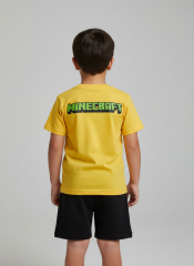 Erkek Çocuk Minecraft Baskılı Alt Üst Şortlu Takım Sarı Siyah Pamuk Şortlu Takım 4-5 Yaş