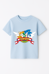 Sonic Baskılı Erkek Çocuk Tişörtü - Renkli Pamuklu Kısa Kollu Yazlık T-Shirt Basic Günlük Açık Mavi 9-10 Yaş