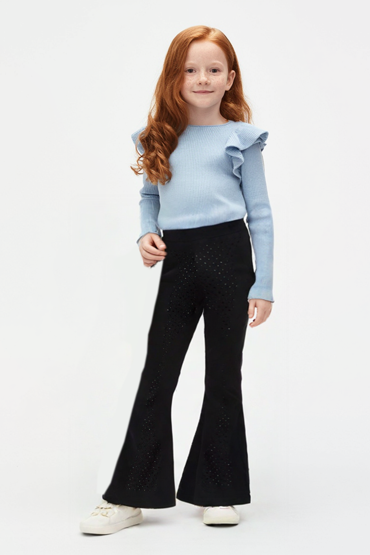 Kız Çocuk Siyah Taş Detaylı Ispanyol Paça Tayt Pantolon Beli Lastikli Yüksek Bel Çelik Tayt Bol Paça