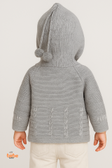 Kapüşonlu Örgü Hırka Düğmeli Ponponlu Bebek Ceket Kışlık Kalın Triko Hırka Unisex 9-18 Ay Triko Mont 12-18 Ay