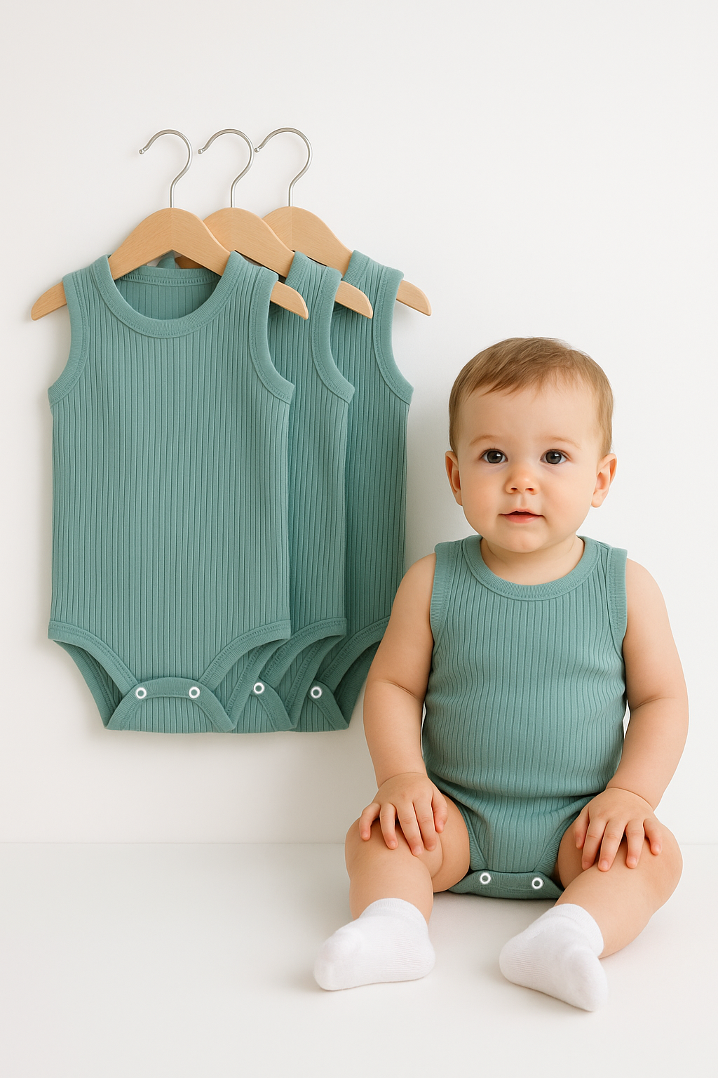 3’lü Fitilli Ribana Çıtçıtlı Bebek Zıbın | Kolsuz Yazlık Pamuklu Body Seti | Unisex Bebek Badi Tulum 0-9 Ay - HAKİ