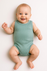 3’lü Fitilli Ribana Çıtçıtlı Bebek Zıbın | Kolsuz Yazlık Pamuklu Body Seti | Unisex Bebek Badi Tulum 0-9 Ay - HAKİ