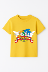 Sonic Baskılı Erkek Çocuk Tişörtü - Renkli Pamuklu Kısa Kollu Yazlık T-Shirt Basic Günlük Sarı 5-6 Yaş