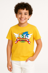 Sonic Baskılı Erkek Çocuk Tişörtü - Renkli Pamuklu Kısa Kollu Yazlık T-Shirt Basic Günlük Sarı 5-6 Yaş