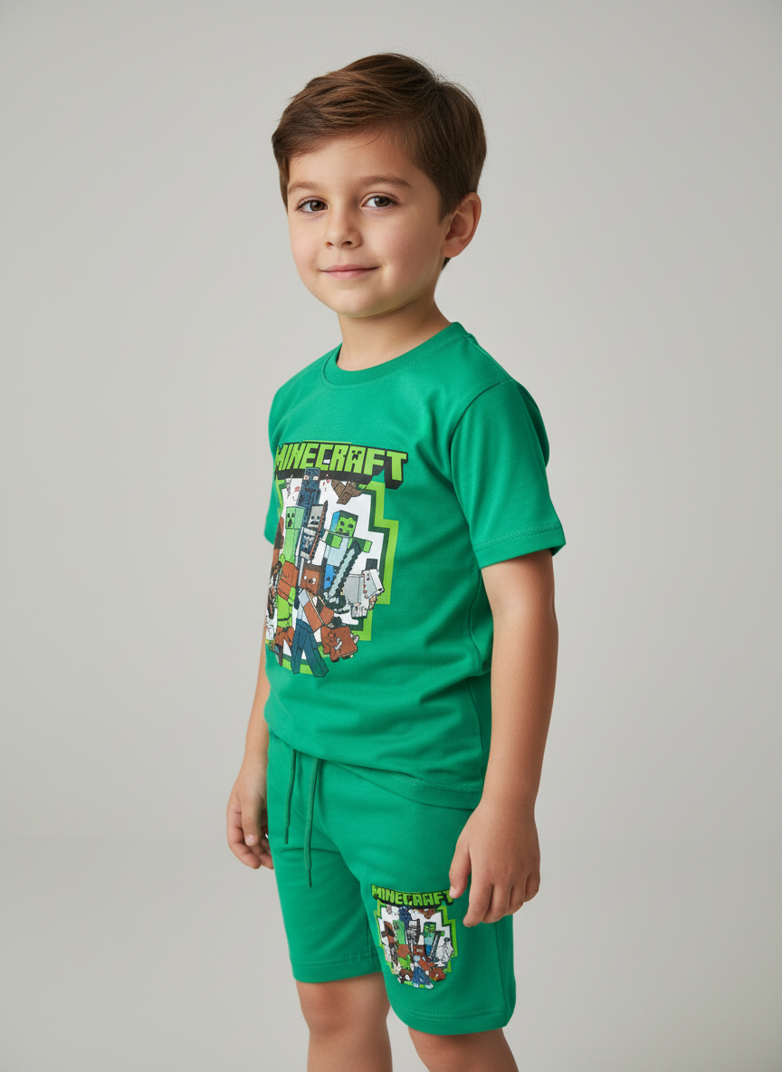 Erkek Çocuk Minecraft Baskılı Alt Üst Şortlu Takım Yeşil Pamuk Şortlu Takım 4-5 Yaş
