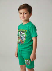 Erkek Çocuk Minecraft Baskılı Alt Üst Şortlu Takım Yeşil Pamuk Şortlu Takım 4-5 Yaş