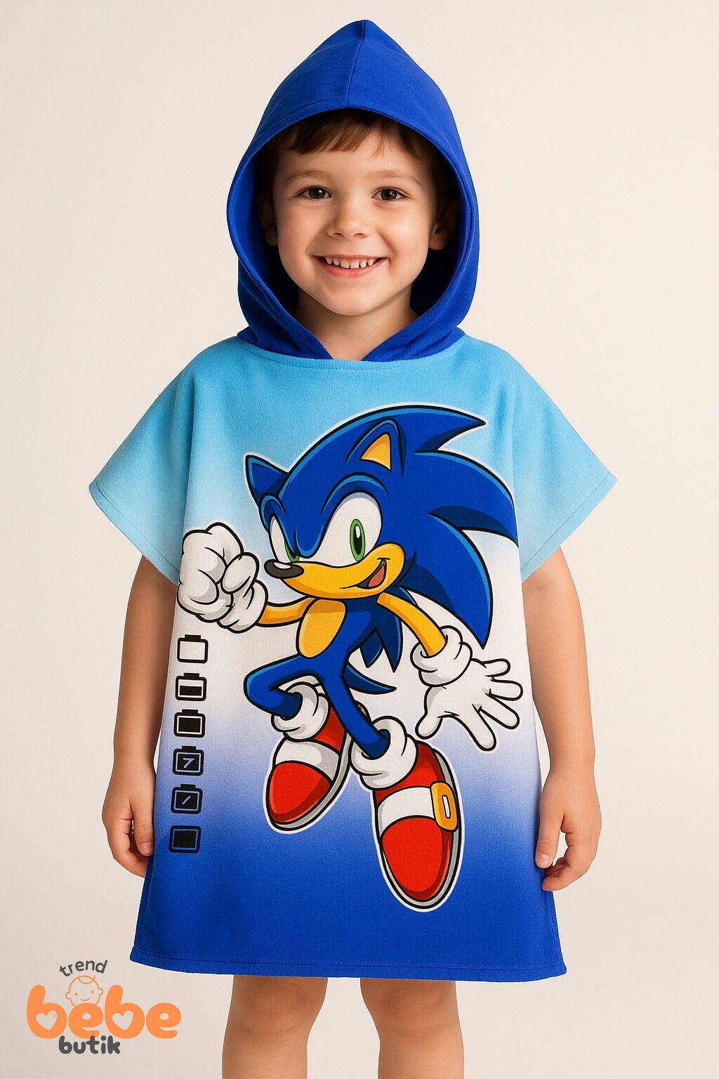 Sonic Desenli Kapüşonlu Çocuk Plaj Pançosu – 5-13 Yaş – %100 Pamuk – Deniz Havlusu ve Bornoz Panço