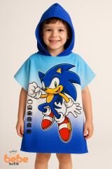 Sonic Desenli Kapüşonlu Çocuk Plaj Pançosu – 5-13 Yaş – %100 Pamuk – Deniz Havlusu ve Bornoz Panço