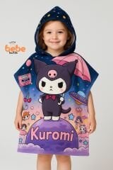 Kuromi Kapüşonlu Deniz Havlusu Panço 5-13 Yaş Arası Çocuk Plaj Bornozu Renkli Desenli, %100 Pamuk