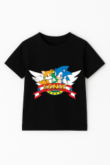 Sonic Baskılı Erkek Çocuk Tişörtü - Renkli Pamuklu Kısa Kollu Yazlık T-Shirt Basic Günlük Siyah 9-10 Yaş