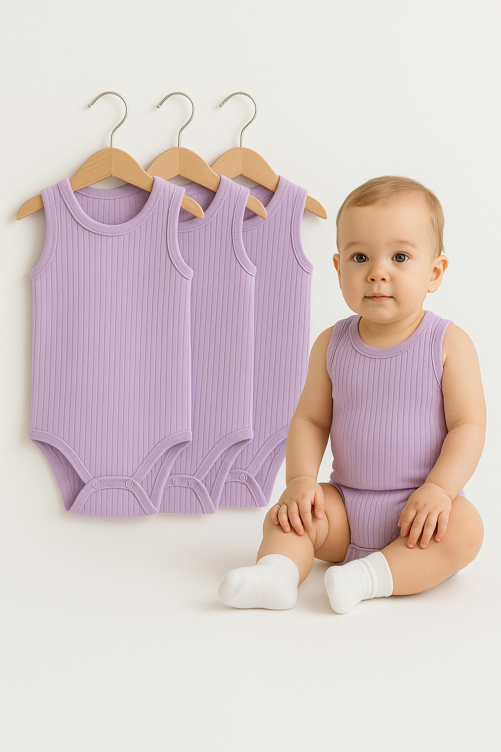 3’lü Fitilli Ribana Çıtçıtlı Bebek Zıbın | Kolsuz Yazlık Pamuklu Body Seti | Unisex Bebek Badi Tulum 18-24 Ay - Lila