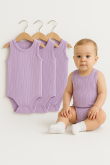 3’lü Fitilli Ribana Çıtçıtlı Bebek Zıbın | Kolsuz Yazlık Pamuklu Body Seti | Unisex Bebek Badi Tulum 18-24 Ay - Lila
