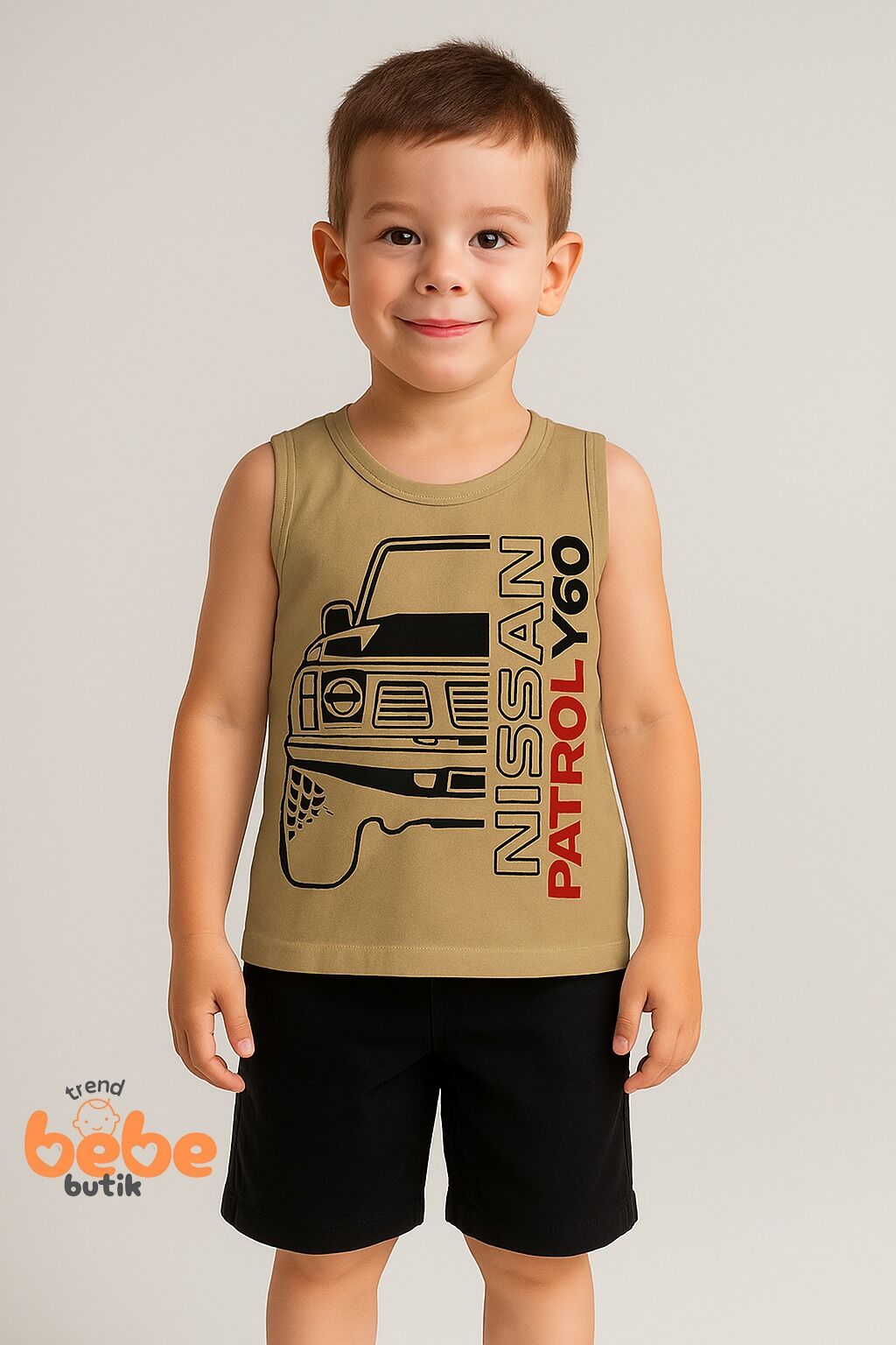 Erkek Çocuk Yazlık Kolsuz Şortlu Takım Araba Baskılı Spor Takım 5-10 Yaş Pamuklu Kolsuz Tişört Şort BEJ - 5-6 Yaş