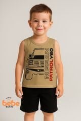 Erkek Çocuk Yazlık Kolsuz Şortlu Takım Araba Baskılı Spor Takım 5-10 Yaş Pamuklu Kolsuz Tişört Şort BEJ - 5-6 Yaş