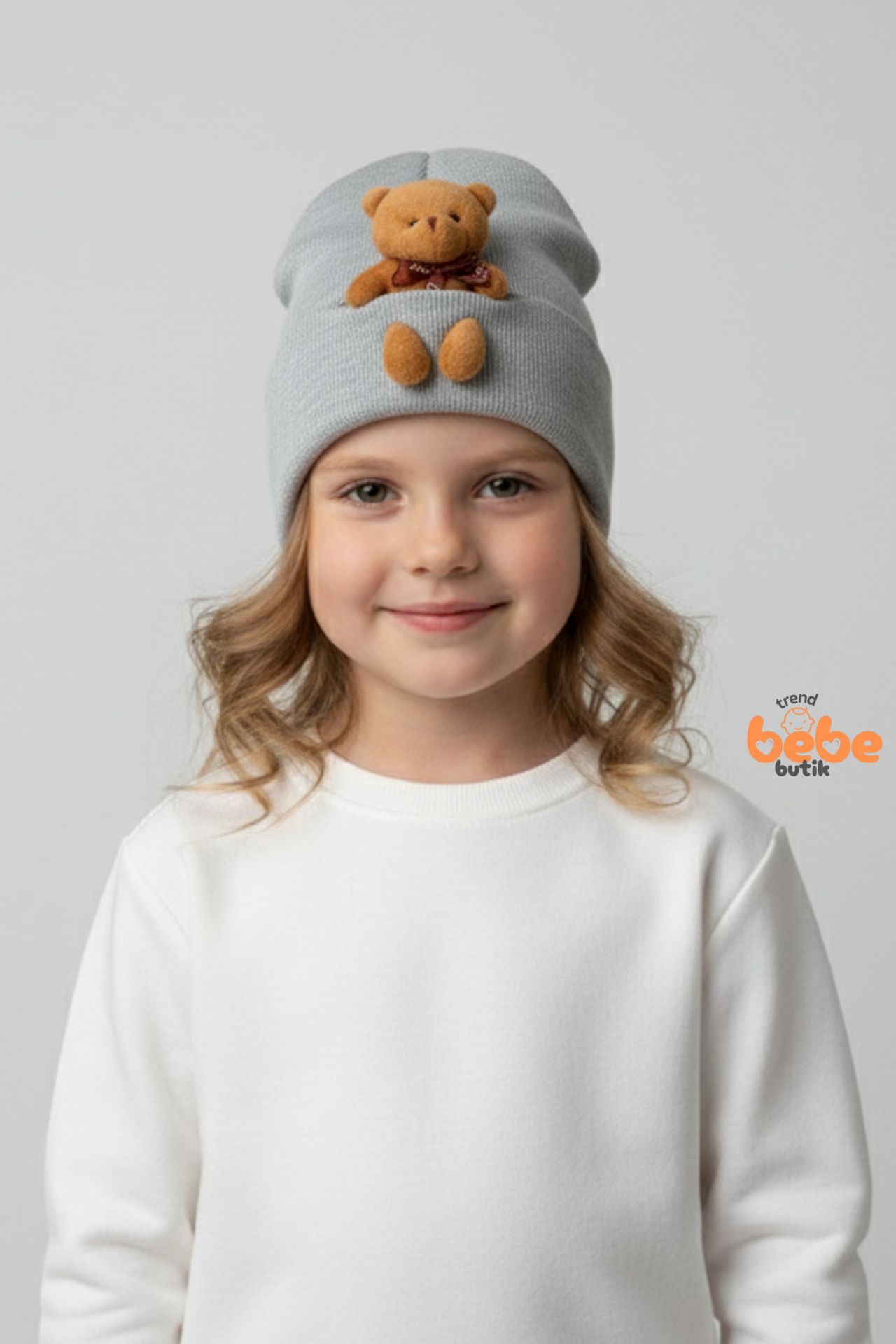 Peluş Ayıcık Detaylı Kız Çocuk Triko Bere – Yumuşak Triko Kışlık Şapka | Pamuklu Örgü Beanie Modeli