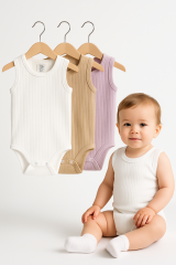 3’lü Fitilli Beyaz-Bej-Lila Bebek Zıbın Seti %100 Pamuk Yazlık Kolsuz Çıtçıtlı Unisex Body Rahat 24-36 Ay
