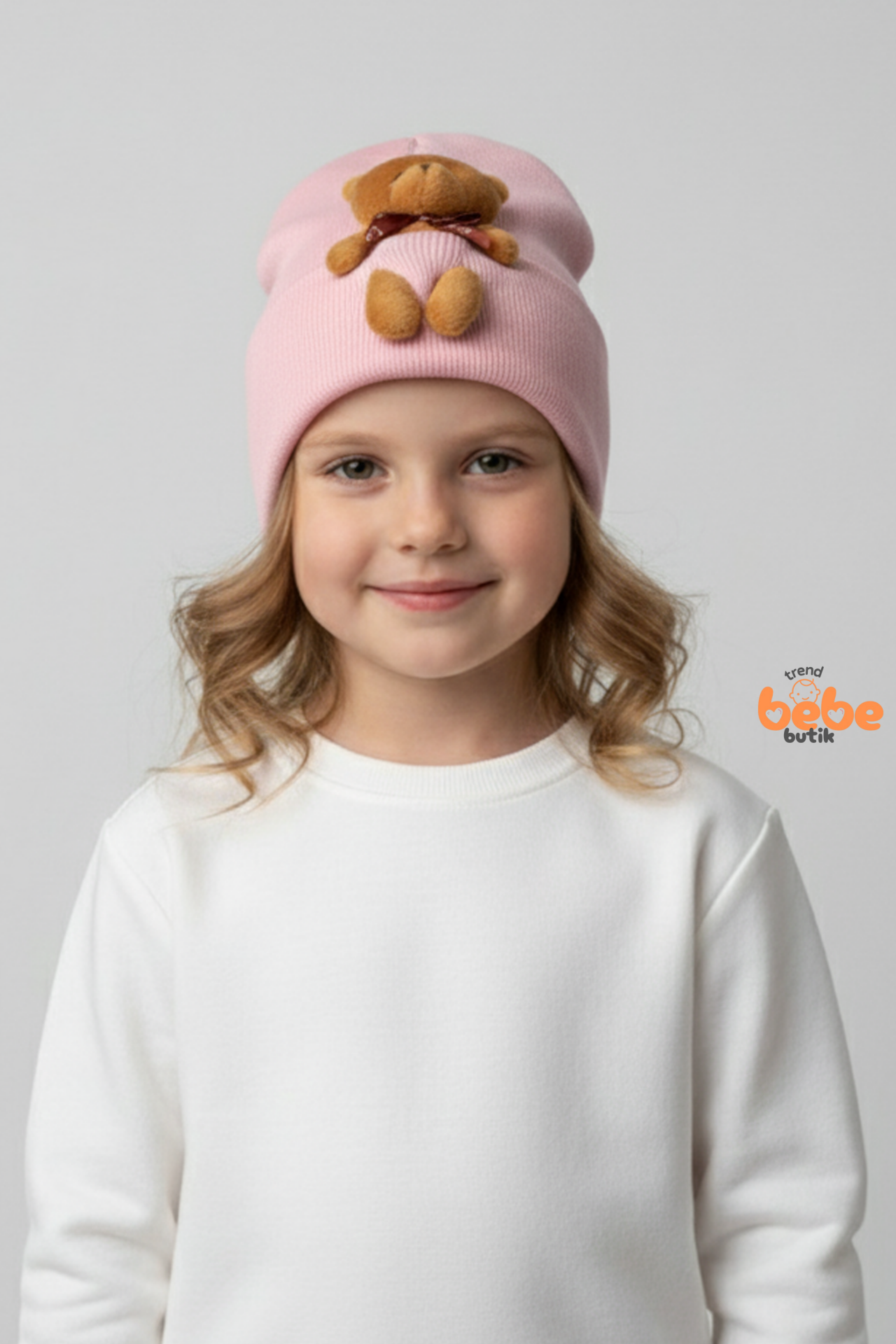 Peluş Ayıcık Detaylı Kız Çocuk Triko Bere – Yumuşak Triko Kışlık Şapka | Pamuklu Örgü Beanie Modeli