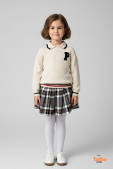 Kız Çocuk Ekru Triko Kazak ve Ekose Şort Etekli Takım Okul Stili Kombin Sonbahar Kış Şık Kolej Takım