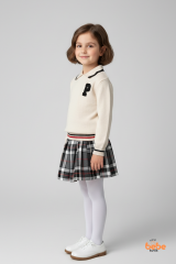 Kız Çocuk Ekru Triko Kazak ve Ekose Şort Etekli Takım Okul Stili Kombin Sonbahar Kış Şık Kolej Takım