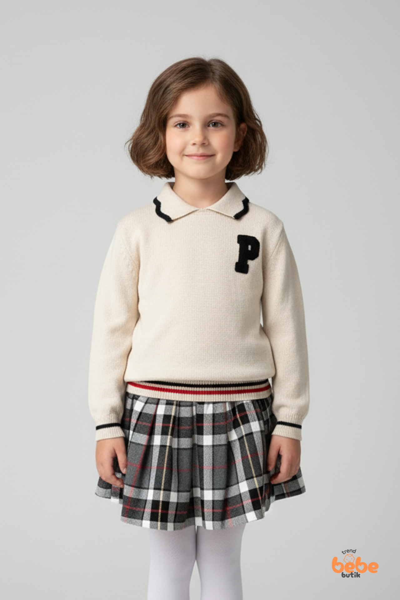 Kız Çocuk Ekru Triko Kazak ve Ekose Şort Etekli Takım Okul Stili Kombin Sonbahar Kış Şık Kolej Takım