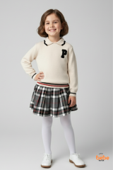 Kız Çocuk Ekru Triko Kazak ve Ekose Şort Etekli Takım Okul Stili Kombin Sonbahar Kış Şık Kolej Takım