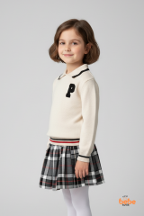 Kız Çocuk Ekru Triko Kazak ve Ekose Şort Etekli Takım Okul Stili Kombin Sonbahar Kış Şık Kolej Takım