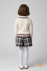 Kız Çocuk Ekru Triko Kazak ve Ekose Şort Etekli Takım Okul Stili Kombin Sonbahar Kış Şık Kolej Takım