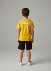 Örümcek Adam Baskılı Pamuklu Erkek Çocuk Yazlık T-Shirt Şort Takımı Erkek Çocuk Alt Üst Takım Sarı Siyah 4-5 Yaş