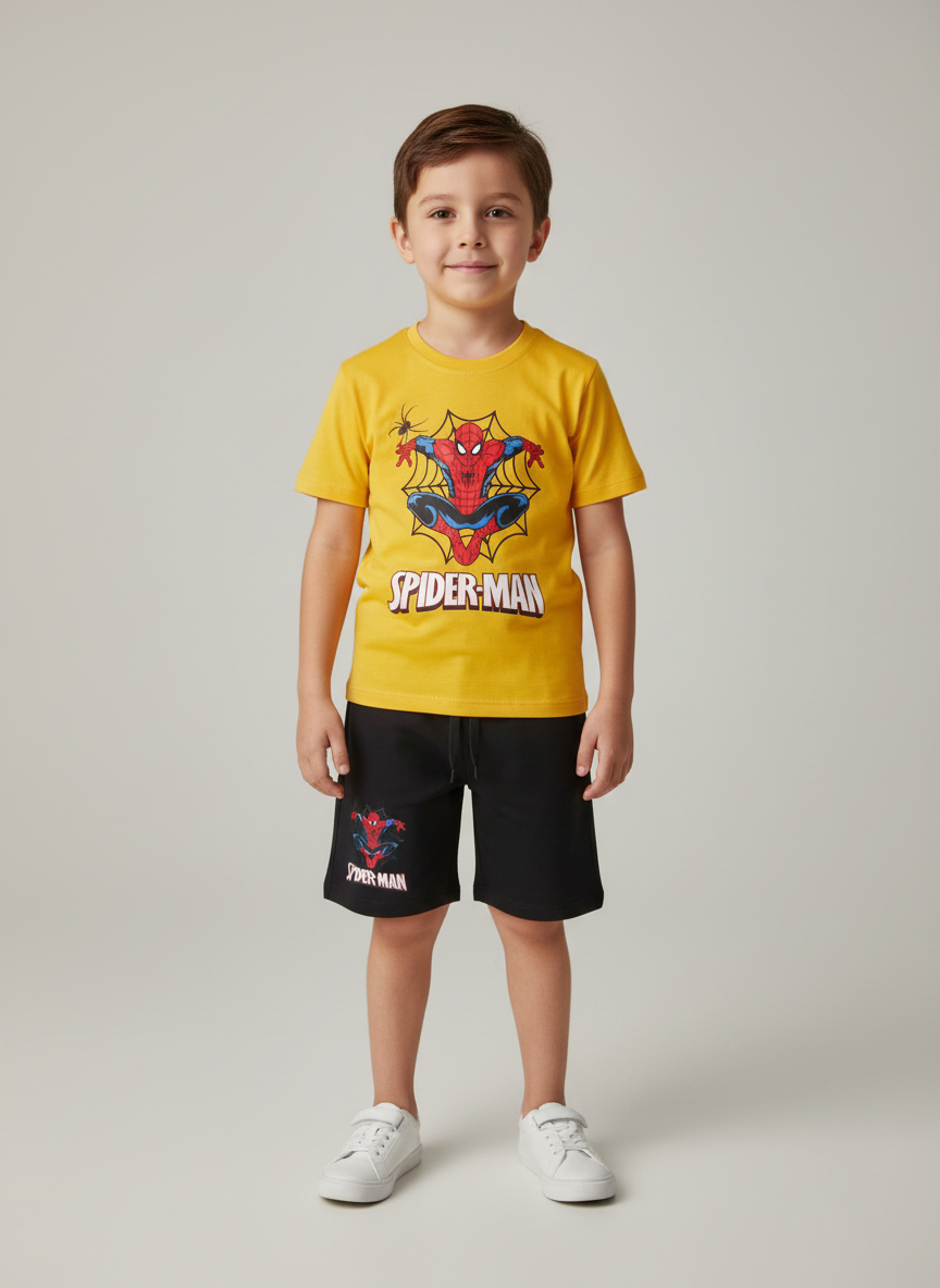 Örümcek Adam Baskılı Pamuklu Erkek Çocuk Yazlık T-Shirt Şort Takımı Erkek Çocuk Alt Üst Takım Sarı Siyah 4-5 Yaş