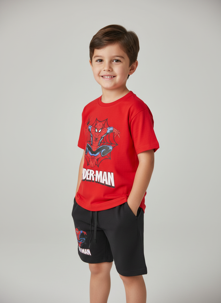 Örümcek Adam Baskılı Pamuklu Erkek Çocuk Yazlık T-Shirt Şort Takımı Erkek Çocuk Alt Üst Takım Kırmızı Siyah 4-5 Yaş