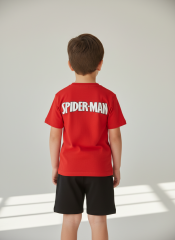Örümcek Adam Baskılı Pamuklu Erkek Çocuk Yazlık T-Shirt Şort Takımı Erkek Çocuk Alt Üst Takım Kırmızı Siyah 4-5 Yaş