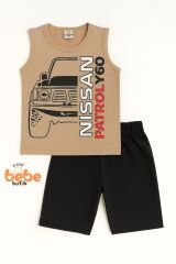 Erkek Çocuk Yazlık Kolsuz Şortlu Takım Araba Baskılı Spor Takım 5-10 Yaş Pamuklu Kolsuz Tişört Şort BEJ - 6-7 Yaş