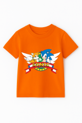 Sonic Baskılı Erkek Çocuk Tişörtü - Renkli Pamuklu Kısa Kollu Yazlık T-Shirt Basic Günlük Turuncu 13-14 Yaş