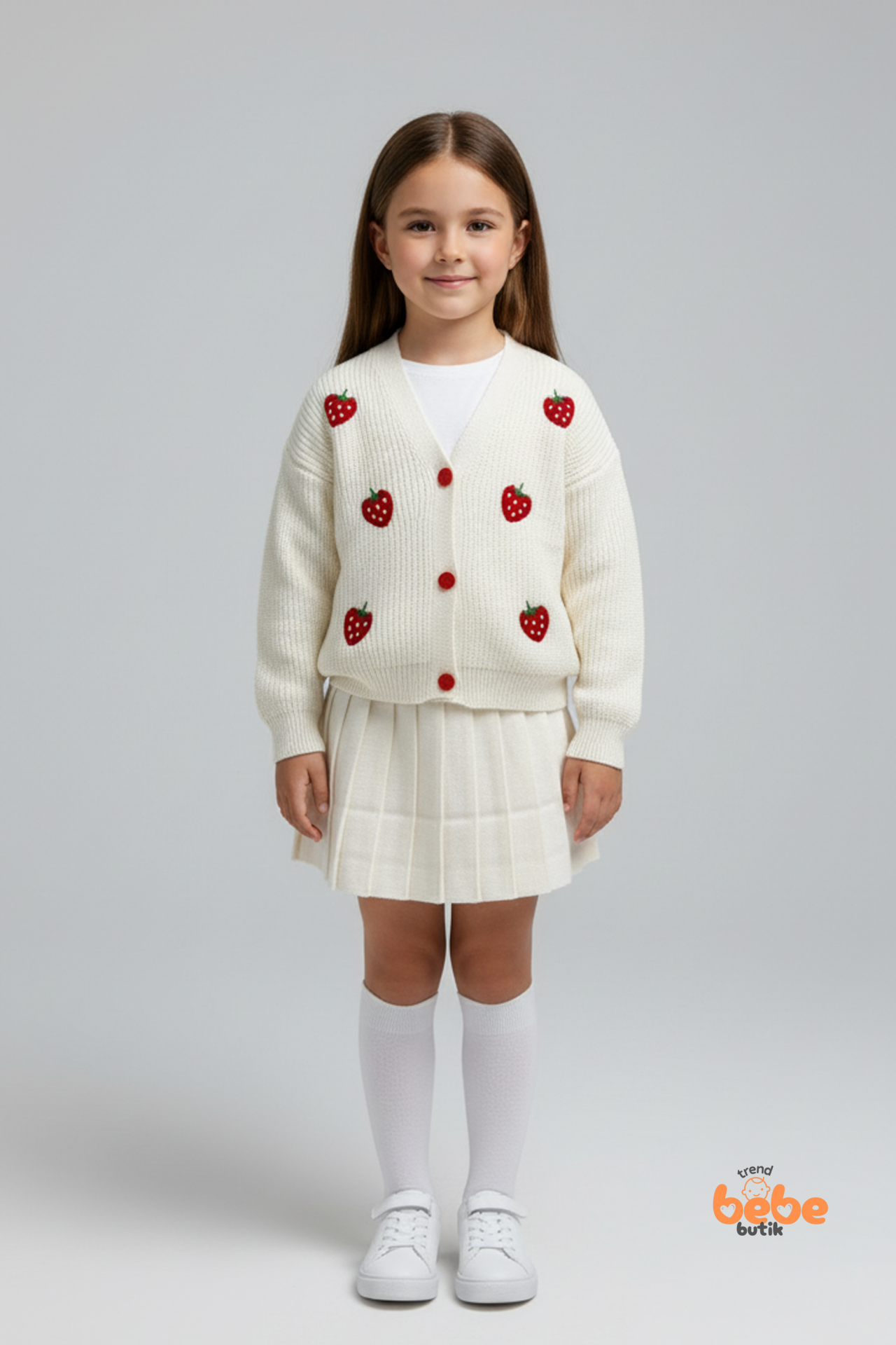 Ekru Çilek Nakışlı Düğmeli Triko Hırka ve Etekli Kız Çocuk Takım Rahat Şık Takım 3-4 Yaş