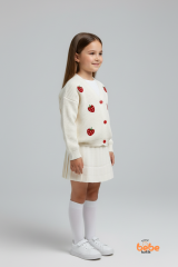 Ekru Çilek Nakışlı Düğmeli Triko Hırka ve Etekli Kız Çocuk Takım Rahat Şık Takım 3-4 Yaş