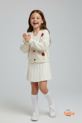 Ekru Çilek Nakışlı Düğmeli Triko Hırka ve Etekli Kız Çocuk Takım Rahat Şık Takım 3-4 Yaş