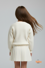 Ekru Çilek Nakışlı Düğmeli Triko Hırka ve Etekli Kız Çocuk Takım Rahat Şık Takım 3-4 Yaş