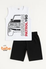 Erkek Çocuk Yazlık Kolsuz Şortlu Takım Araba Baskılı Spor Takım 5-10 Yaş Pamuklu Kolsuz Tişört Şort BEYAZ - 8-9 Yaş