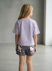 Kız Çocuk Lila Hello Kitty Baskılı Pamuklu Şortlu Yazlık Takım Alt Üst Takım Lila Hello Kitty Desenli 4-5 Yaş
