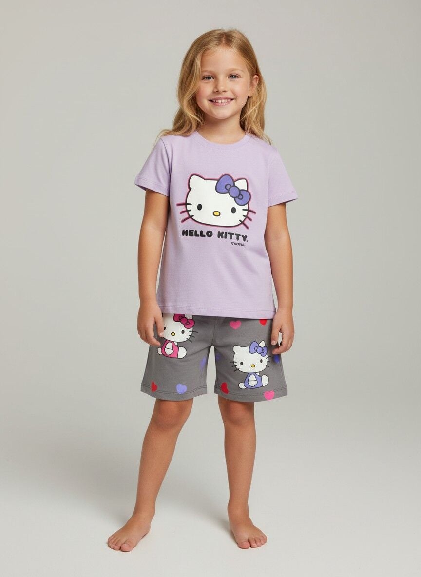 Kız Çocuk Lila Hello Kitty Baskılı Pamuklu Şortlu Yazlık Takım Alt Üst Takım Lila Hello Kitty Desenli 4-5 Yaş