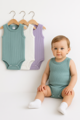 3’lü Fitilli Yeşil-Beyaz-Lila Bebek Zıbın Seti %100 Pamuk Kolsuz Yazlık Body Unisex Çıtçıtlı Ribana
