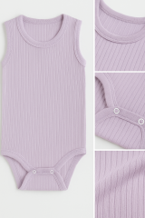 3’lü Fitilli Yeşil-Beyaz-Lila Bebek Zıbın Seti %100 Pamuk Kolsuz Yazlık Body Unisex Çıtçıtlı Ribana